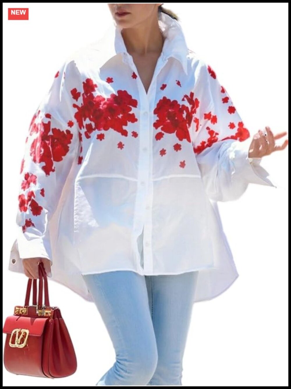 Women's Oversized Button Down Shirt Collared V Neck High Low Blouse